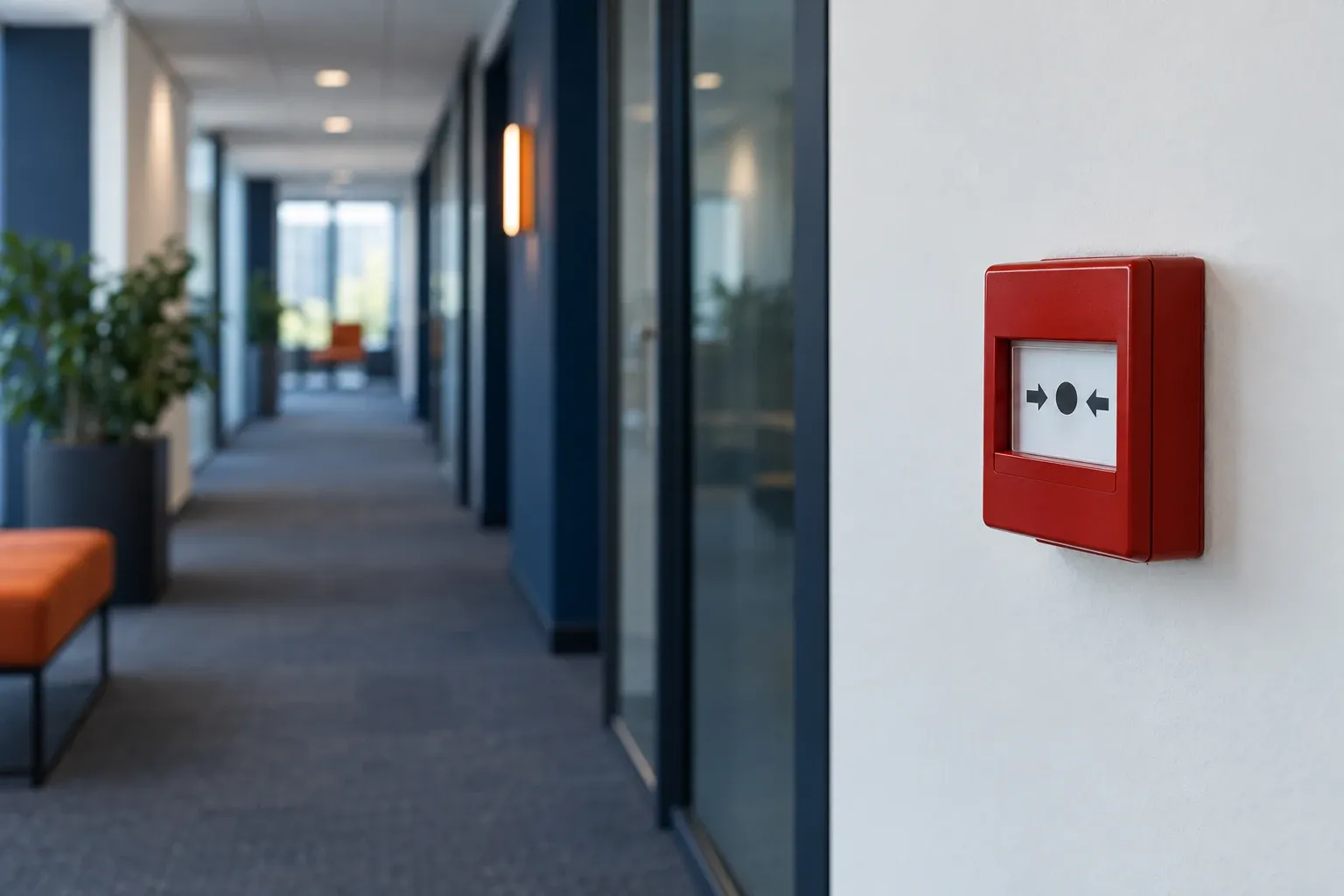 Déclencheur manuel d’alarme incendie rouge fixé sur le mur d’un couloir de bureaux.