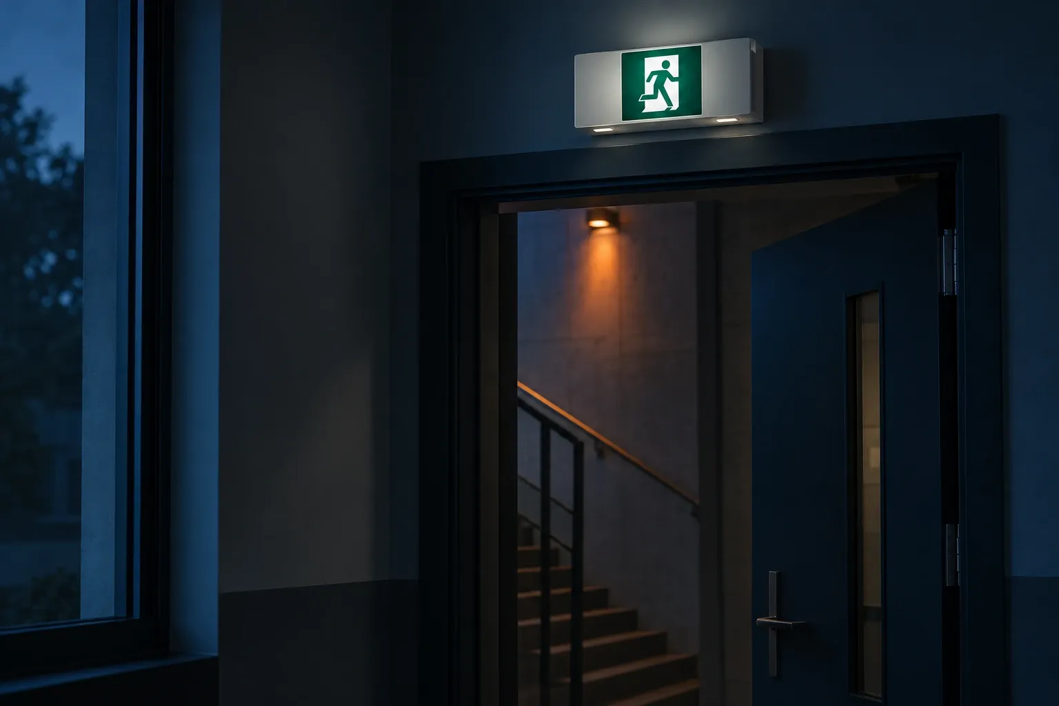 Bloc d’éclairage de sécurité à pictogramme vert au-dessus d’une porte ouverte sur un escalier, dans la pénombre.