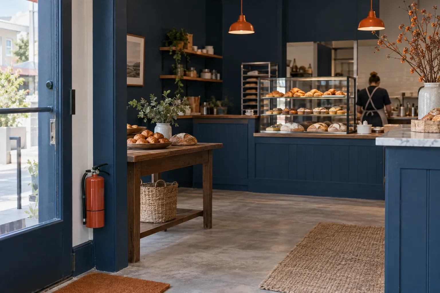 Intérieur d’une boulangerie de quartier vue depuis l’entrée, avec un extincteur fixé au mur près de la porte.