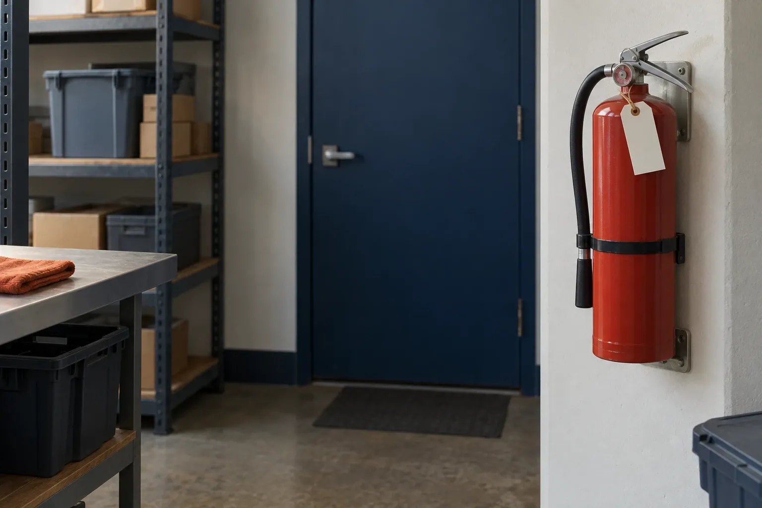 Extincteur rouge fixé au mur d’une réserve de boutique, une étiquette de vérification accrochée au col.