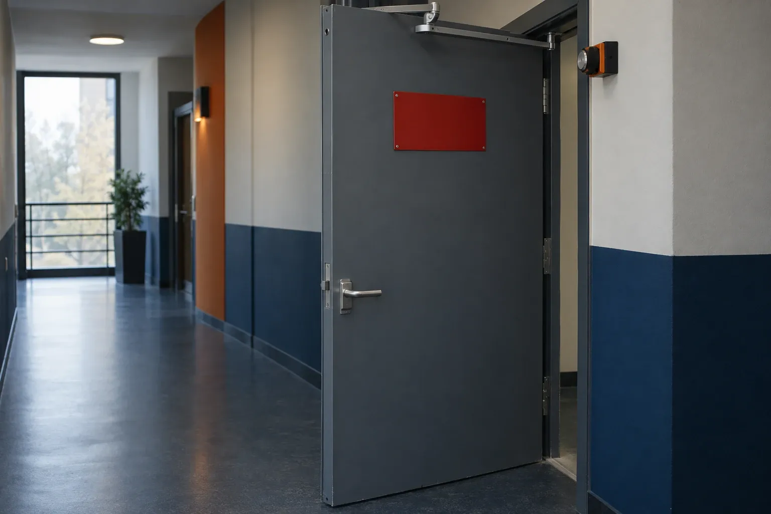 Porte coupe-feu grise équipée d’un ferme-porte, ouverte dans un couloir, avec une plaque rouge vierge.
