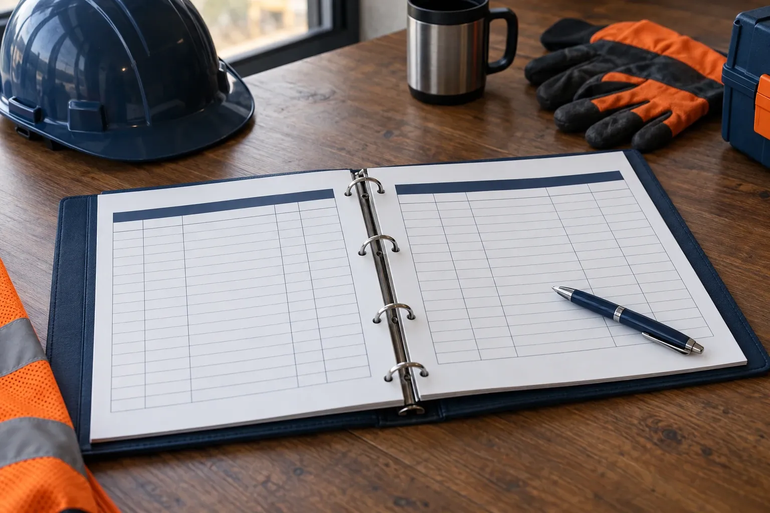 Registre de sécurité ouvert sur un bureau, avec des tableaux vierges, un stylo, un casque et des gants de chantier.